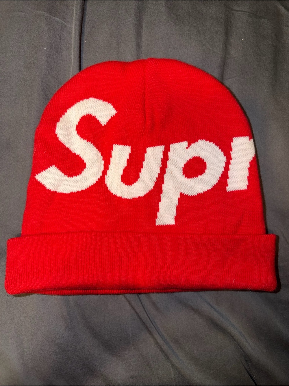 Supreme Red Knit Beanie with White Logo